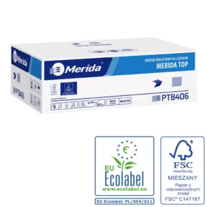 Papier toaletowy w listkach Merida Top Ecolabel, dwuwarstwowy, biały, karton 9000 szt.