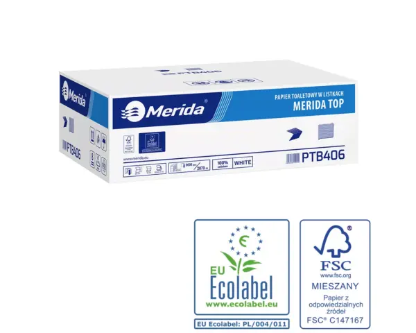 Pojemnik na papier toaletowy w listkach MERIDA ONE za 1 zł netto przy zakupie 2 kartonów papierów toaletowych MERIDA TOP PTB406 (18 000 listków) Papier toaletowy w listkach Merida Top Ecolabel, dwuwarstwowy, biały, karton 9000 szt.