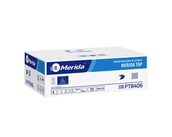 Papier toaletowy w listkach, MERIDA TOP ECOLABEL, dwuwarstwowy, biały, karton 9000 szt. Dwuwarstwowy papier toaletowy w listkach z certyfikatem FSC, 100% celuloza, składany w V
