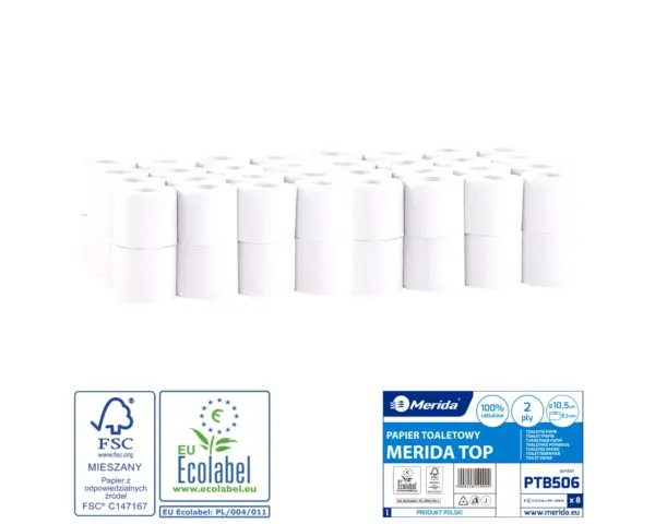 Papier toaletowy MERIDA TOP, biały, średnica 10,5 cm, długość 27,5 m, dwuwarstwowy, worek 64 szt., ECOLABEL Papier toaletowy Merida Top biały – opakowanie 64 rolki, dwuwarstwowy, 27,5 metra