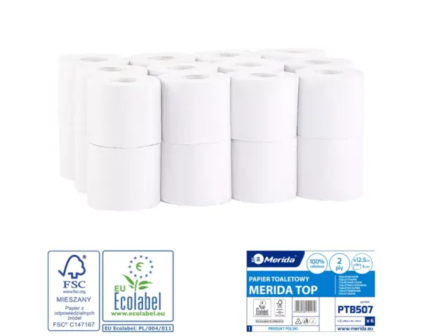 Papier toaletowy MERIDA TOP, biały, średnica 12,5 cm, długość 68 m, dwuwarstwowy, worek 24 szt., ECOLABEL Merida Top papier toaletowy 2-warstwowy z celulozy – FSC i EU Ecolabel