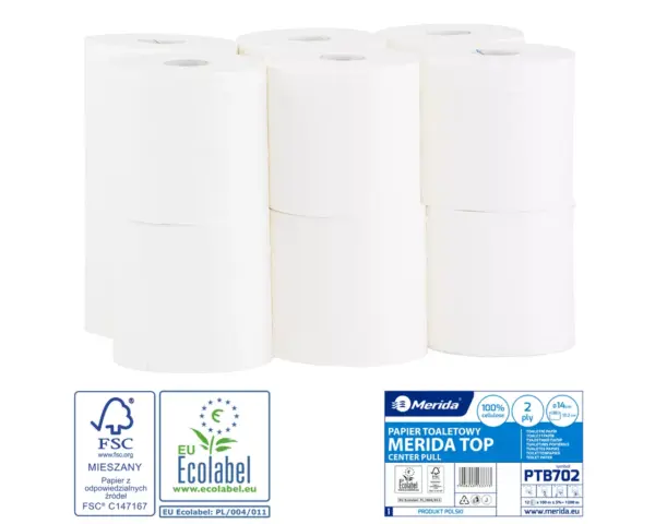 Papier toaletowy MERIDA TOP, biały, średnica 14 cm, długość 100 m, dwuwarstwowy, zgrzewka 12 szt., ECOLABEL Papier toaletowy Merida TOP biały dwuwarstwowy zgrzewka 12 rolek