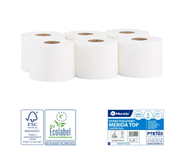 Papier toaletowy MERIDA TOP CENTER PULL, biały, średnica 17 cm, długość 120 m, dwuwarstwowy, zgrzewka 6 szt., ECOLABEL Papier toaletowy Merida Top Center Pull biały dwuwarstwowy 120 m