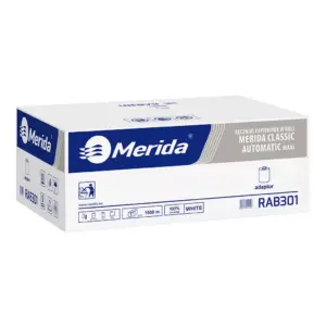 Mechaniczny podajnik ręczników MERIDA ONE biały za 125 zł netto przy zakupie 2 kartonów ręczników MERIDA CLASSIC AUTOMATIC RAB301 (12 x 250 m = 3 000 m, 11 760 listków)