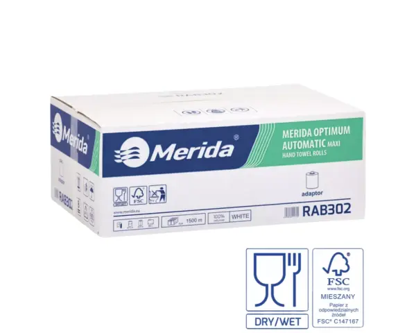 Ręczniki papierowe w roli z adaptorem, MERIDA OPTIMUM AUTOMATIC MAXI, jednowarstwowe, białe, średnica 19 cm, długość 250 m, karton 6 rolek Białe papierowe ręczniki w roli Merida Optimum Automatic Maxi, karton 6 rolek