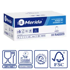 Ręczniki papierowe w roli z adaptorem, MERIDA TOP AUTOMATIC MAXI ECOLABEL, dwuwarstwowe, białe, średnica 19 cm, długość 140 m, karton 6 rolek