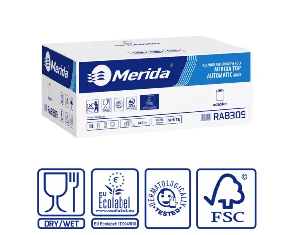 Mechaniczny podajnik ręczników MERIDA ONE biały za 125 zł netto przy zakupie 2 kartonów ręczników MERIDA TOP AUTOMATIC RAB309 (12 x 140 m = 1 680 m, 6 588 listków) Ręczniki papierowe w roli z adaptorem, MERIDA TOP AUTOMATIC MAXI ECOLABEL, dwuwarstwowe, białe, średnica 19 cm, długość 140 m, karton 6 rolek