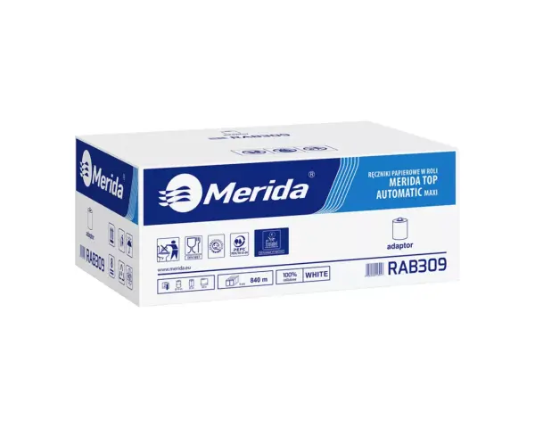 Ręczniki papierowe w roli z adaptorem, MERIDA TOP AUTOMATIC MAXI ECOLABEL, dwuwarstwowe, białe, średnica 19 cm, długość 140 m, karton 6 rolek Ręczniki papierowe w roli z adaptorem, MERIDA TOP AUTOMATIC MAXI ECOLABEL, dwuwarstwowe, białe, średnica 19 cm, długość 140 m, karton 6 rolek