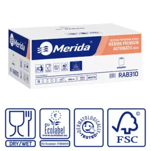 Ręczniki papierowe w roli z adaptorem, MERIDA PREMIUM AUTOMATIC MAXI ECOLABEL, trzywarstwowe, białe, średnica 18,5 cm, długość 100 m, karton 6 rolek