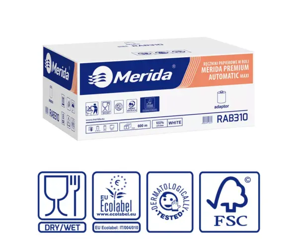 Ręczniki papierowe w roli z adaptorem, MERIDA PREMIUM AUTOMATIC MAXI ECOLABEL, trzywarstwowe, białe, średnica 18,5 cm, długość 100 m, karton 6 rolek