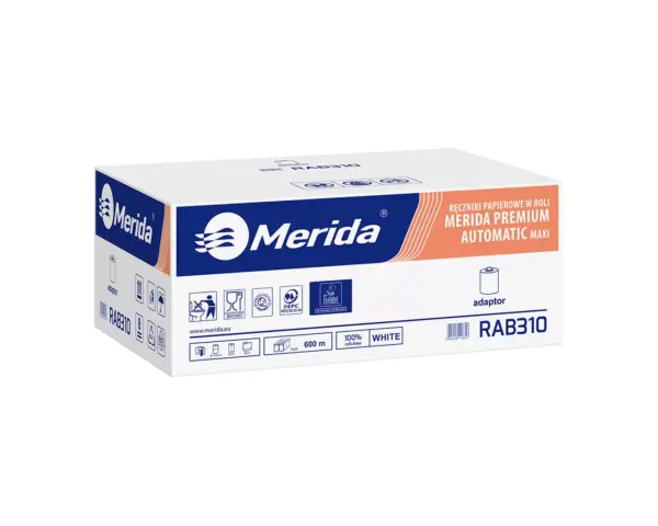 Ręczniki papierowe w roli z adaptorem, MERIDA PREMIUM AUTOMATIC MAXI ECOLABEL, trzywarstwowe, białe, średnica 18,5 cm, długość 100 m, karton 6 rolek Ręczniki papierowe w roli z adaptorem, MERIDA PREMIUM AUTOMATIC MAXI ECOLABEL, trzywarstwowe, białe, średnica 18,5 cm, długość 100 m, karton 6 rolek