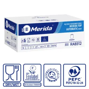 Mechaniczny podajnik ręczników MERIDA HARMONY za 100 zł netto przy zakupie 2 kartonów ręczników MERIDA TOP AUTOMATIC RAB312 (12 x 240 m = 2 800 m, 10 656 listków)
