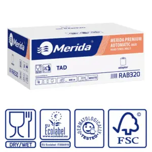 Ręczniki papierowe w roli z adaptorem, MERIDA PREMIUM TAD AUTOMATIC MAXI ECOLABEL, dwuwarstwowe, białe, średnica 18,5 cm , długość 100 m, karton 6 rolek