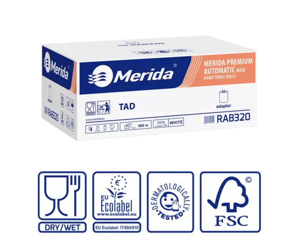 Ręczniki papierowe w roli z adaptorem, MERIDA PREMIUM TAD AUTOMATIC MAXI ECOLABEL, dwuwarstwowe, białe, średnica 18,5 cm , długość 100 m, karton 6 rolek Ręczniki papierowe w roli z adaptorem, MERIDA PREMIUM TAD AUTOMATIC MAXI ECOLABEL, dwuwarstwowe, białe, średnica 18,5 cm , długość 100 m, karton 6 rolek