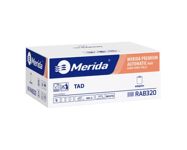 Ręczniki papierowe w roli z adaptorem, MERIDA PREMIUM TAD AUTOMATIC MAXI ECOLABEL, dwuwarstwowe, białe, średnica 18,5 cm , długość 100 m, karton 6 rolek Ręczniki papierowe w roli z adaptorem, MERIDA PREMIUM TAD AUTOMATIC MAXI ECOLABEL, dwuwarstwowe, białe, średnica 18,5 cm , długość 100 m, karton 6 rolek