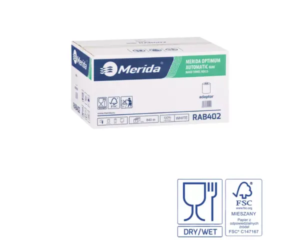 Ręczniki papierowe w roli z adaptorem, MERIDA OPTIMUM AUTOMATIC MINI, jednowarstwowe, białe, średnica 15 cm, długość 140 m, karton 6 rolek Ręczniki papierowe w roli MERIDA OPTIMUM AUTOMATIC MINI, białe, jednowarstwowe