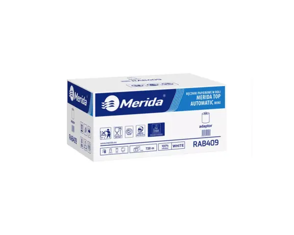 Ręczniki papierowe w roli z adaptorem, MERIDA TOP AUTOMATIC MINI, dwuwarstwowe, białe, średnica 16 cm, długość 120 m, karton 6 rolek Ręczniki papierowe w roli z adaptorem, MERIDA TOP AUTOMATIC MINI, dwuwarstwowe, białe, średnica 16 cm, długość 120 m, karton 6 rolek