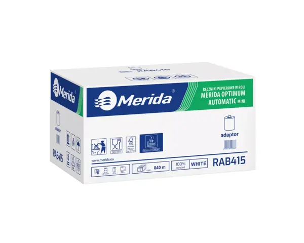 Ręczniki papierowe w roli z adaptorem, MERIDA OPTIMUM AUTOMATIC MINI ECOLABEL, dwuwarstwowe, białe, średnica 14,5 cm, długość 140 m, karton 6 rolek Karton 6 rolek ręczników papierowych MERIDA OPTIMUM MINI białe 140 m Ecolabel