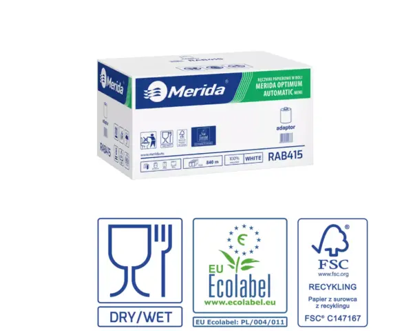Ręczniki papierowe w roli z adaptorem, MERIDA OPTIMUM AUTOMATIC MINI ECOLABEL, dwuwarstwowe, białe, średnica 14,5 cm, długość 140 m, karton 6 rolek Papierowy ręcznik w roli MERIDA OPTIMUM AUTOMATIC MINI dwuwarstwowy biały z adaptorem