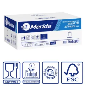 Ręczniki papierowe w roli z adaptorem, MERIDA TOP AUTOMATIC MAXI ECOLABEL, dwuwarstwowe, niebieskie, średnica 19 cm, długość 140 m, karton 6 rolek