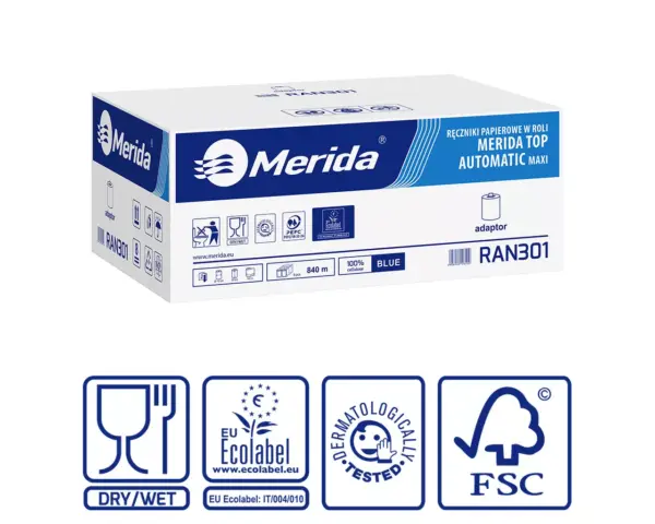 Ręczniki papierowe w roli z adaptorem, MERIDA TOP AUTOMATIC MAXI ECOLABEL, dwuwarstwowe, niebieskie, średnica 19 cm, długość 140 m, karton 6 rolek