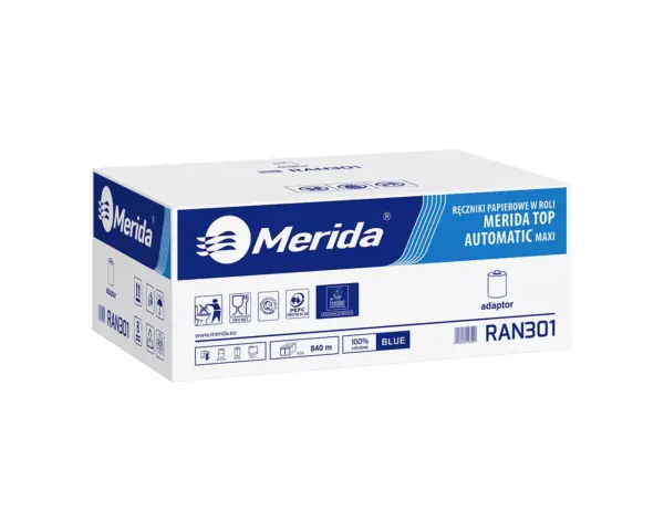 Ręczniki papierowe w roli z adaptorem, MERIDA TOP AUTOMATIC MAXI ECOLABEL, dwuwarstwowe, niebieskie, średnica 19 cm, długość 140 m, karton 6 rolek Ręczniki papierowe w roli z adaptorem, MERIDA TOP AUTOMATIC MAXI ECOLABEL, dwuwarstwowe, niebieskie, średnica 19 cm, długość 140 m, karton 6 rolek