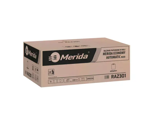 Mechaniczny podajnik ręczników MERIDA ONE czarny za 125 zł netto przy zakupie 2 kartonów ręczników MERIDA ECONOMY AUTOMATIC RAZ301 (12 x 250 m = 3 000 m, 11 760 listków) Jednowarstwowy zielony ręcznik papierowy w roli Merida Economy Automatic Maxi 250 m