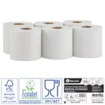 Ręczniki papierowe w roli, MERIDA ECONOMY CENTER PULL MINI ECOLABEL, jednowarstwowe, białe, średnica 17 cm, długość 210 m, zgrzewka 6 rolek