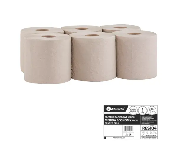 Ręczniki papierowe w roli, MERIDA ECONOMY CENTER PULL MAXI, jednowarstwowe, szare, średnica 19 cm, długość 135 m, zgrzewka 6 rolek Ręczniki papierowe w roli Merida Economy Center Pull Maxi szare jednowarstwowe