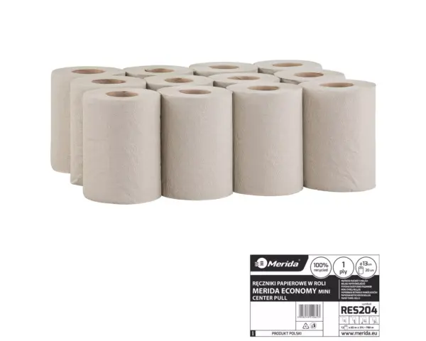 Ręczniki papierowe w roli, MERIDA ECONOMY CENTER PULL MINI, jednowarstwowe, szare, średnica 13,5 cm, długość 60 m, zgrzewka 12 rolek Ręcznik papierowy w roli MERIDA ECONOMY CENTER PULL MINI, szary, jednowarstwowy