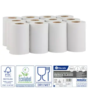 Ręczniki papierowe w roli Merida Classic Center Pull Mini Ecolabel białe jednowarstwowe