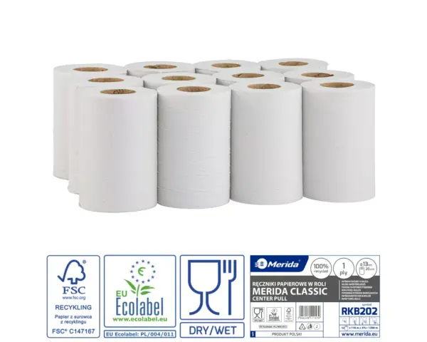 Ręczniki papierowe w roli, MERIDA CLASSIC CENTER PULL MINI ECOLABEL, jednowarstwowe, białe, średnica 13 cm, długość 116 m, zgrzewka 12 rolek Ręczniki papierowe w roli Merida Classic Center Pull Mini Ecolabel białe jednowarstwowe