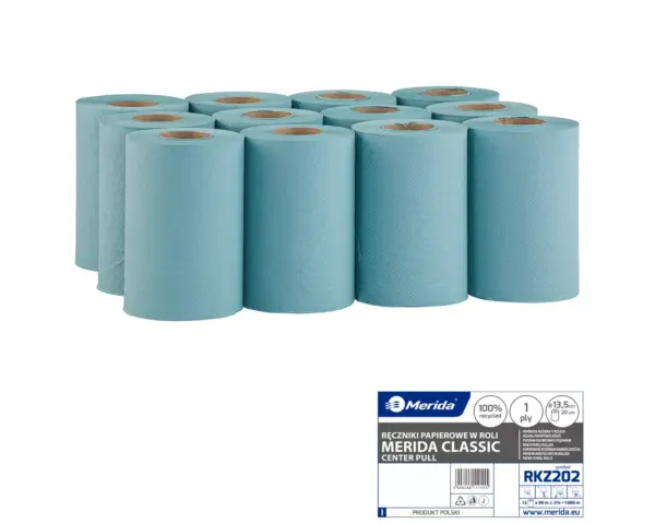 Pojemnik na ręczniki w roli MERIDA HARMONY za 50 zł netto przy zakupie 2 opakowań ręczników w roli MERIDA CLASSIC MINI RKZ202 (24 x 90 m = 2 160 m) Zielone ręczniki papierowe w roli MERIDA CLASSIC CENTER PULL MINI jednowarstwowe