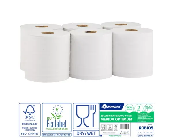 Ręczniki papierowe w roli, MERIDA OPTIMUM CENTER PULL MAXI ECOLABEL, dwuwarstwowe, białe, średnica 19,5 cm, długość 150 m, zgrzewka 6 rolek Ręczniki papierowe w roli Merida Optimum Center Pull Maxi, białe, dwuwarstwowe, zgrzewka 6 rolek