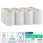 Ręczniki papierowe w roli, MERIDA OPTIMUM CENTER PULL MINI ECOLABEL, dwuwarstwowe, białe, średnica 13,5 cm, długość 60 m, zgrzewka 12 rolek