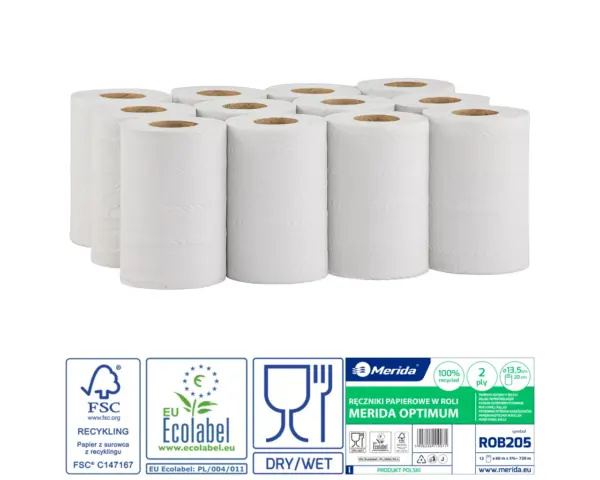Białe ręczniki papierowe w roli Merida Optimum Center Pull Mini Ecolabel, 12 rolek