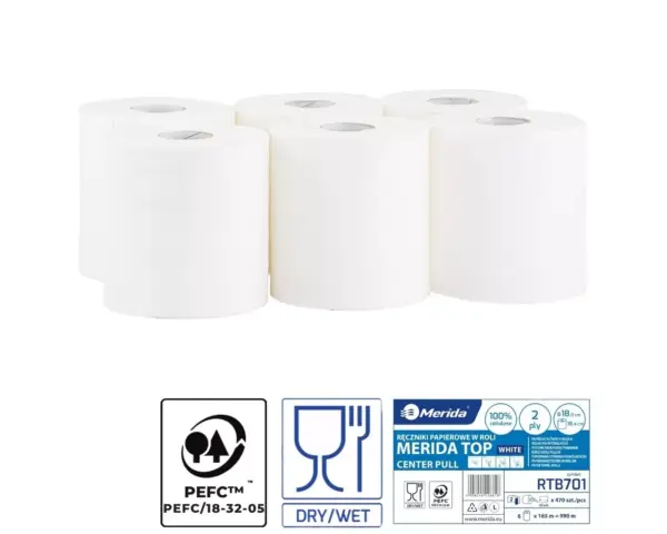 Ręczniki papierowe w roli, MERIDA TOP CENTER PULL MAXI, białe, średnica 18 cm, długość 161,5 m, dwuwarstwowe, zgrzewka 6 rolek Ręczniki papierowe w roli, MERIDA TOP CENTER PULL MAXI, białe, średnica 18 cm, długość 161,5 m, dwuwarstwowe, zgrzewka 6 rolek