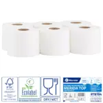 Ręczniki papierowe w roli, MERIDA TOP CENTER PULL MINI ECOLABEL, dwuwarstwowe, białe, średnica 17 cm, długość 130 m, zgrzewka 6 rolek