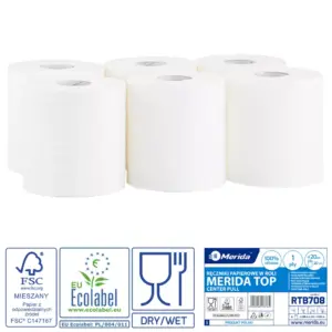 Białe ręczniki papierowe w roli Merida Top Center Pull Maxi, zgrzewka 6 rolek