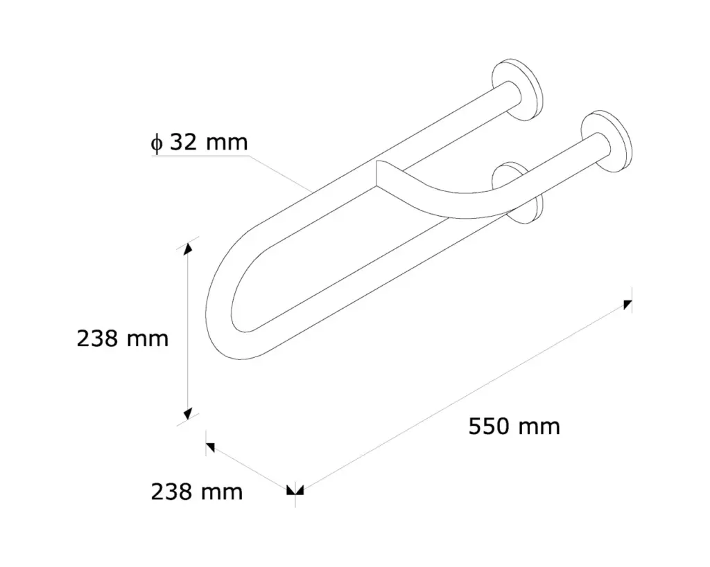 Rysunek izometryczny prawej poręczy umywalkowej 550 mm z wymiarami
