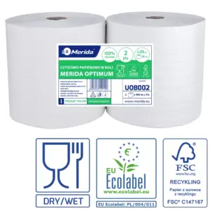 Czyściwo papierowe Merida Optimum dwuwarstwowe białe 400 m certyfikat Ecolabel