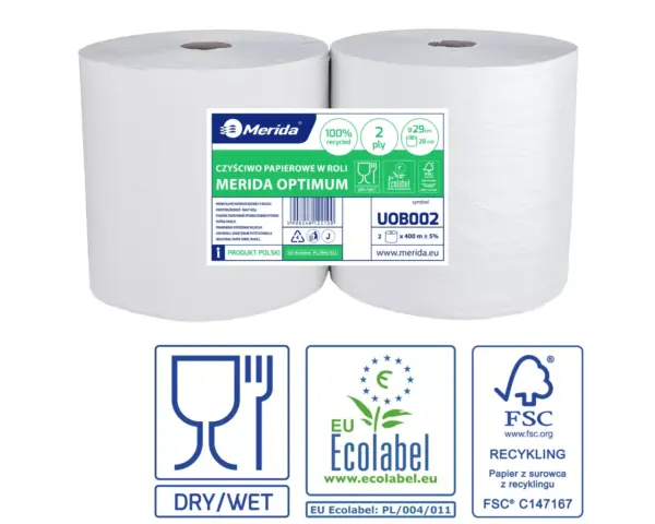 Czyściwo papierowe Merida Optimum dwuwarstwowe białe 400 m certyfikat Ecolabel