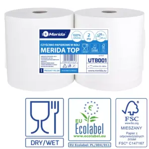 Czyściwo papierowe Merida TOP 28 Ecolabel, dwuwarstwowe, białe, 410 m