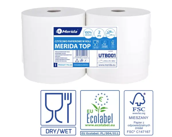 Czyściwo papierowe Merida TOP 28 Ecolabel, dwuwarstwowe, białe, 410 m