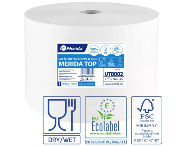 Czyściwo papierowe, MERIDA TOP 38 ECOLABEL, dwuwarstwowe, białe, długość 700 m, zgrzewka 1 sztuka Czyściwo papierowe Merida Top 38 Ecolabel dwuwarstwowe białe 700 m