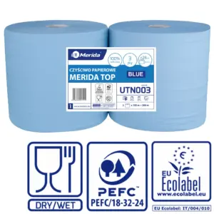Czyściwo papierowe Merida Top 28 Ecolabel, niebieskie, trzywarstwowe, rolka 150 m
