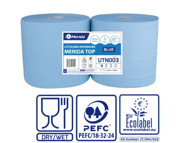 Czyściwo papierowe Merida Top 28 Ecolabel, niebieskie, trzywarstwowe, rolka 150 m