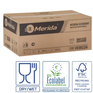 Ręczniki papierowe Merida Economy, białe, gofrowane, V-fold; 1-warstwowe; 23×25 cm; opakowanie 4000 szt.; certyfikaty FSC i EU Ecolabel; PZH.