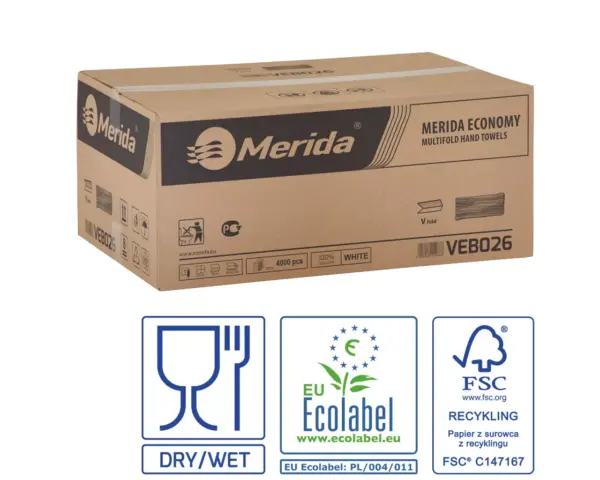 Ręczniki papierowe Merida Economy, białe, gofrowane, V-fold; 1-warstwowe; 23×25 cm; opakowanie 4000 szt.; certyfikaty FSC i EU Ecolabel; PZH.