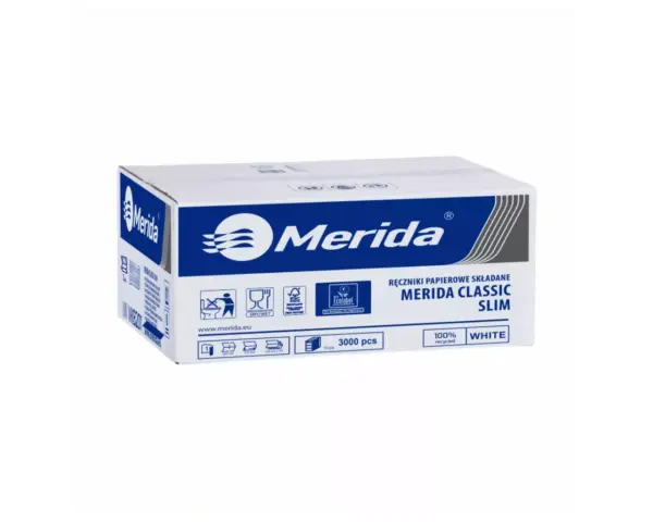 Ręczniki papierowe składane w Z, MERIDA CLASSIC SLIM ECOLABEL, jednowarstwowe, białe, karton 3000 szt. Karton 3000 szt. ręczników papierowych Merida Classic Slim składanych w Z